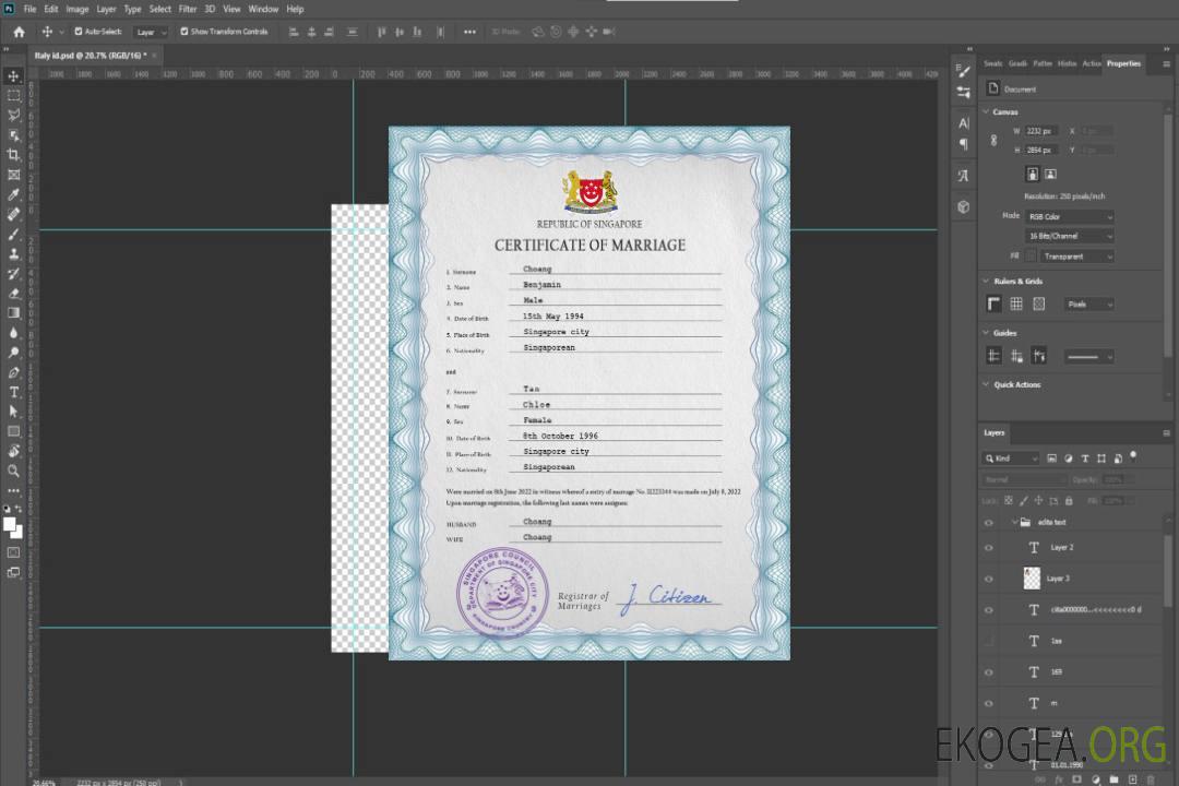 Modèle PSD de certificat de mariage de Singapour template